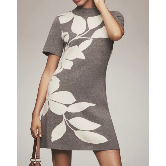 Anthropologie The Nina Short Sleeve Mock Neck Mod Mini Dress Sz XS Grey Floral - Picture 1 of 8